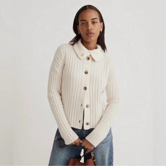Madewell Cream Ribbed Button-Up Wool Blend Cardigan Sweater Size M - Picture 2 of 12